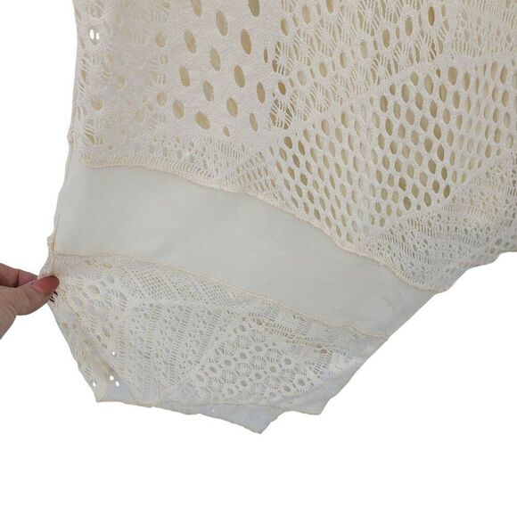 Womens Cream Lace Crochet Patchwork Tunic Dress Sz M Handkerchief Boho Bridal - Picture 7 of 11